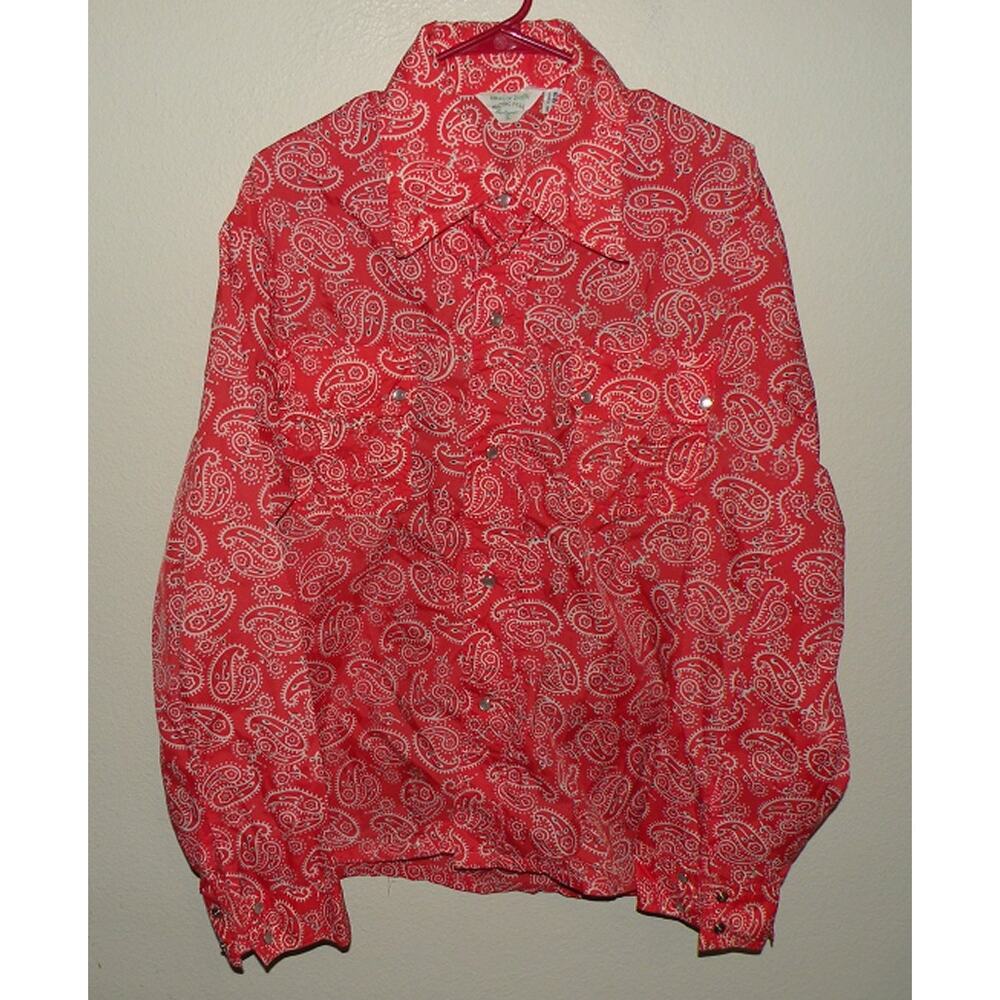 Vtg 70’s Pacific Trail Mens XL Snap Nylon “Rain Shirt” Red Paisley Dagger Collar